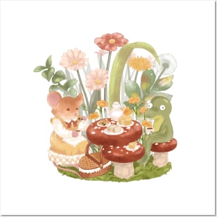 Cottagecore Mouse and Frog Having a Tea Party Posters and Art